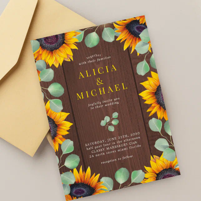 Sunflower eucalyptus greenery rustic wood wedding invitation | Zazzle