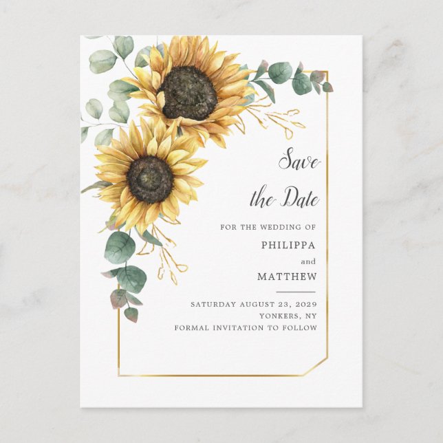 Sunflower Eucalyptus Greenery Save the Date Announcement Postcard (Front)