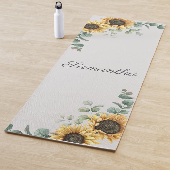 Sunflower Eucalyptus Greenery Script Personalized Yoga Mat (In Situ)