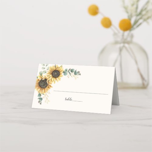 Sunflower Eucalyptus Greenery Script Wedding Table Place Card