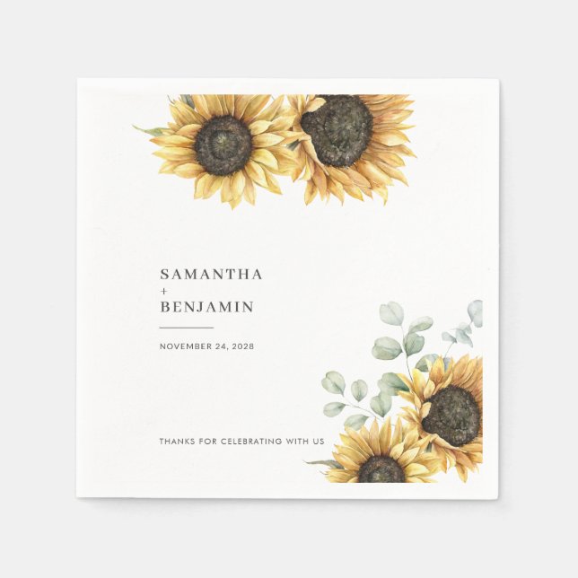 Sunflower Eucalyptus Greenery Wedding Napkins (Front)