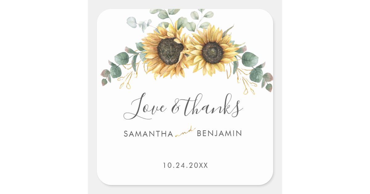Sunflower Eucalyptus Greenery Wedding Thank You Square Sticker | Zazzle