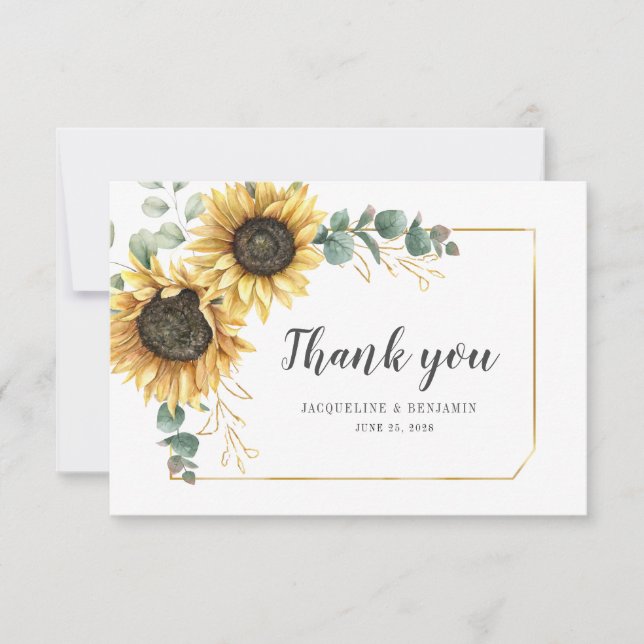 Sunflower Eucalyptus Leaves Geometric Wedding Thank You Card (Front)