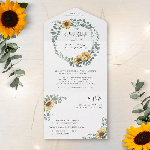 Sunflower Eucalyptus Leaves Modern Wedding All In One Invitation