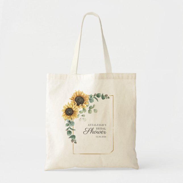 Sunflower Eucalyptus Leaves Script Bridal Shower Tote Bag (Front)
