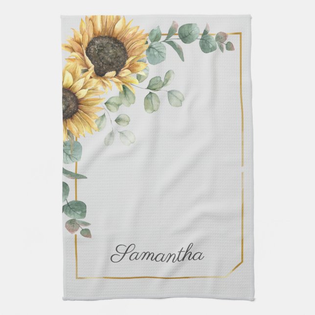 Sunflower Eucalyptus Leaves Script Monogram Kitchen Towel (Vertical)