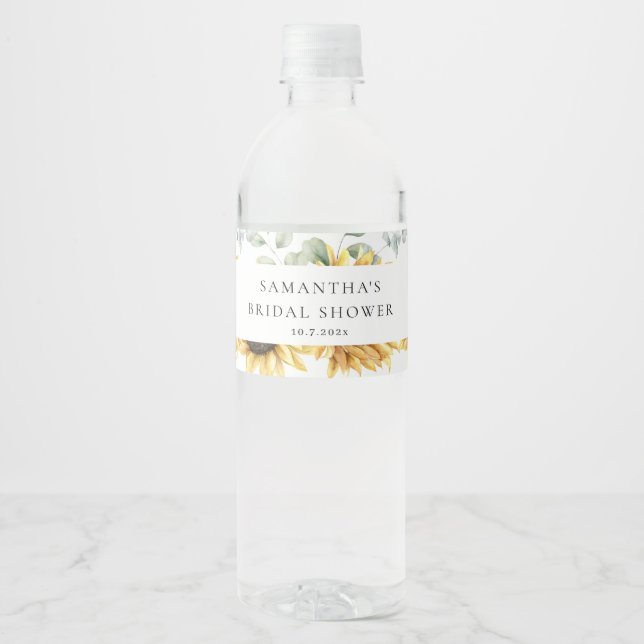 Sunflower Eucalyptus Love in Bloom Bridal Shower Water Bottle Label (Front)