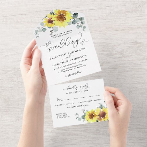 Sunflower Eucalyptus Mint Sage Floral Wedding RSVP All In One Invitation