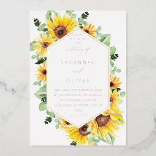 Sunflower  Eucalyptus MOD Floral Wedding Foil Invitation