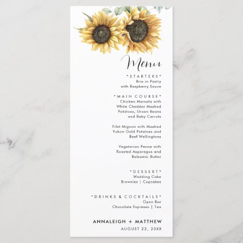 Sunflower Eucalyptus Modern Wedding Menu