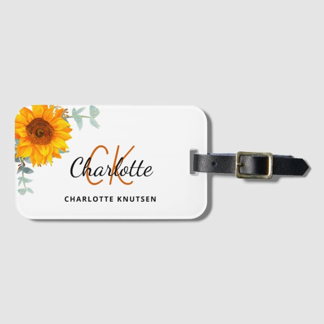 Sunflower eucalyptus monogram name luggage tag (Front Horizontal)