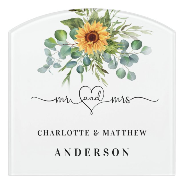 Sunflower eucalyptus mr mrs names  door sign (Contour Front)