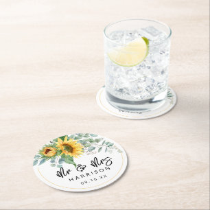 Sunflower Eucalyptus Mr & Mrs Wedding Favor Round Paper Coaster