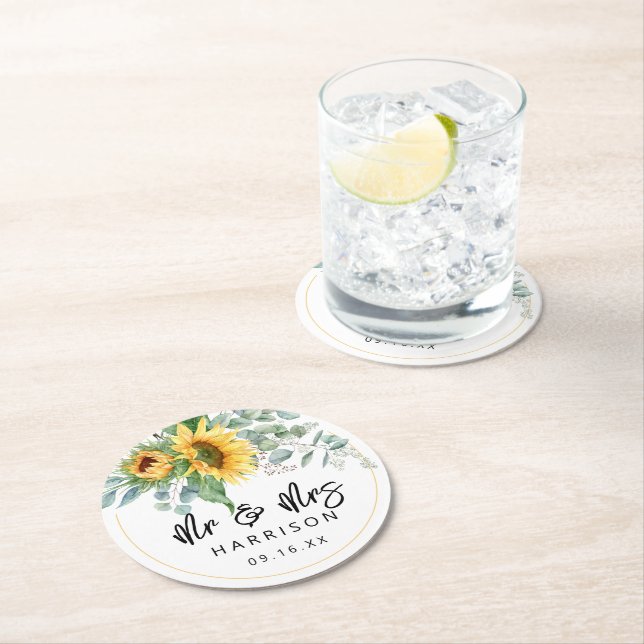 Sunflower Eucalyptus Mr & Mrs Wedding Favor  Round Paper Coaster (Insitu)
