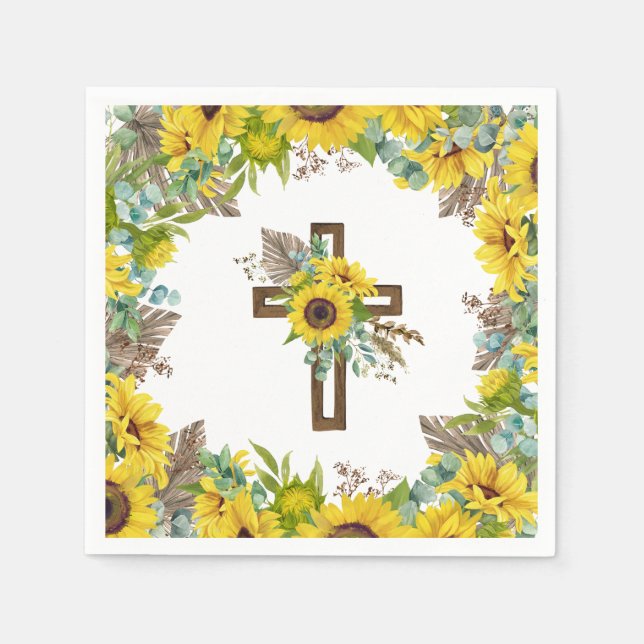 Sunflower Eucalyptus Palm Boho Cross Baptism Napkins (Front)