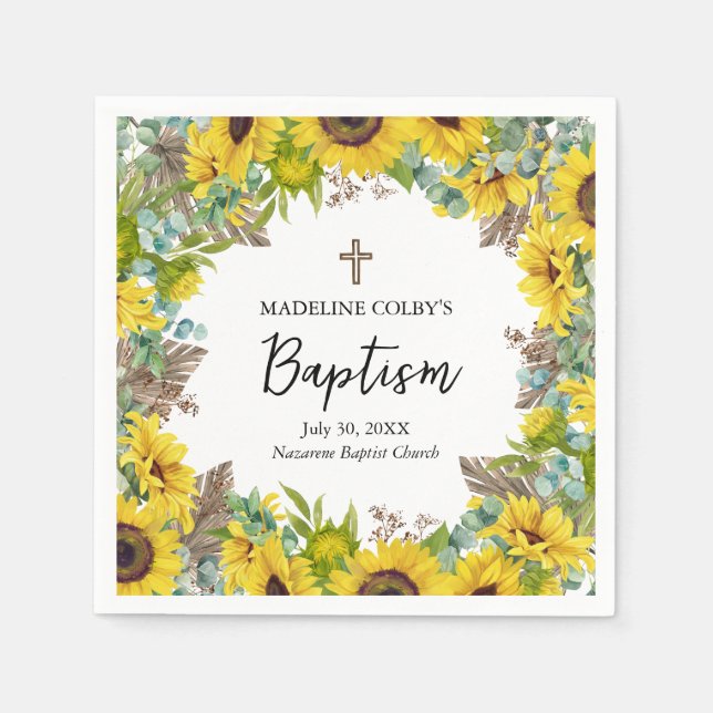 Sunflower Eucalyptus Palm Boho Square Baptism Napkins (Front)