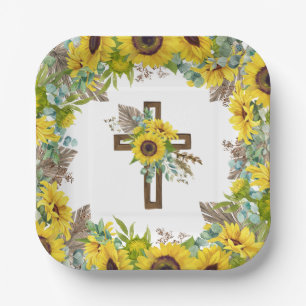 Sunflower Eucalyptus Palm Boho Square Baptism Paper Plates