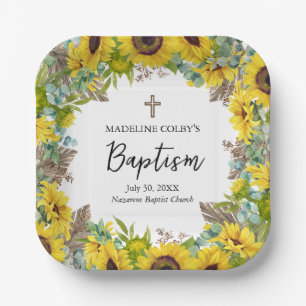 Sunflower Eucalyptus Palm Boho Square Baptism Paper Plates