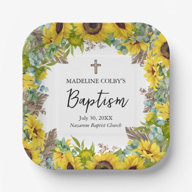 Sunflower Eucalyptus Palm Boho Square Baptism Paper Plates (Front)