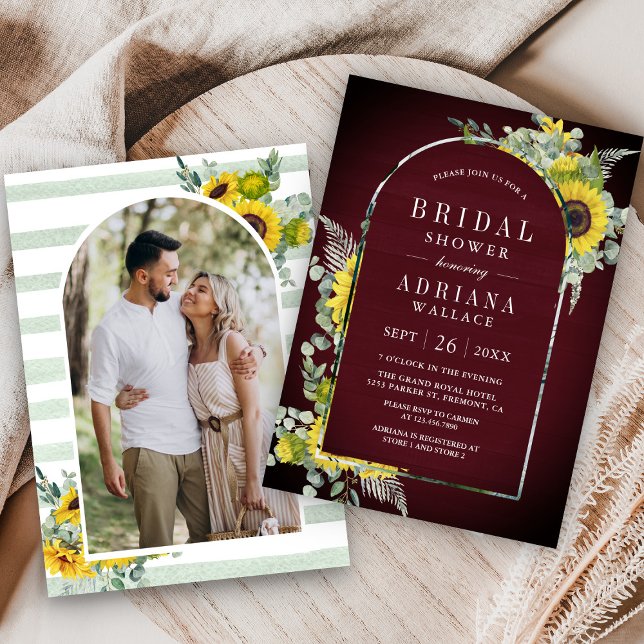 Sunflower Eucalyptus Photo Burgundy Bridal Shower Invitation (Creator Uploaded)