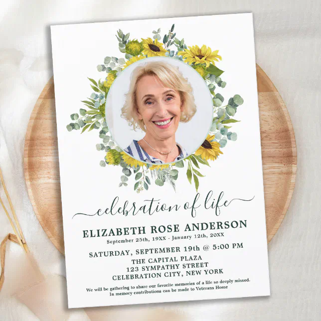 Sunflower Eucalyptus Photo Celebration Of Life Invitation | Zazzle