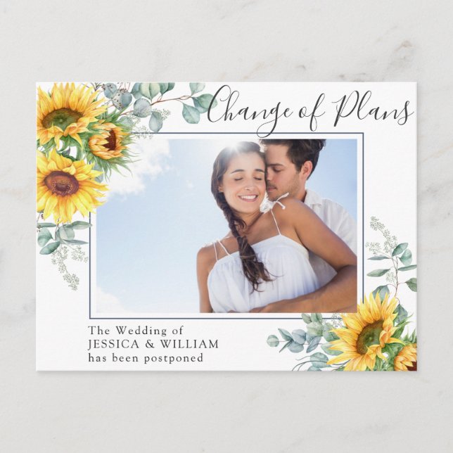 Sunflower Eucalyptus PHOTO Wedding Change of Plans Postcard (Front)