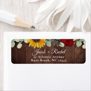 Sunflower Eucalyptus Red Rose Wood Wedding Address Label