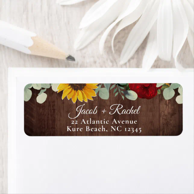 Sunflower Eucalyptus Red Rose Wood Wedding Address Label | Zazzle