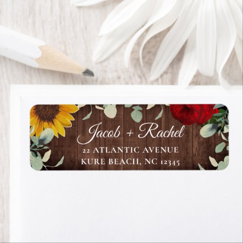 Sunflower Eucalyptus Red Rose Wood Wedding Address Label
