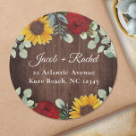 Sunflower Eucalyptus Red Rose Wood Wedding Classic Round Sticker<br><div class="desc">This wedding sticker design features pretty painted red roses, sunflowers and eucalyptus branches on a rustic dark wood background. Click the customize button for more flexibility in modifying the text. Variations of this design, different paper types, as well as coordinating products are available in our shop, zazzle.com/store/doodlelulu. Contact us if...</div>
