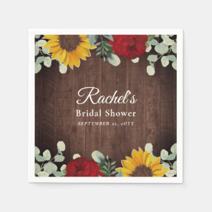 Sunflower Eucalyptus Red Roses Wood Bridal Shower Napkins