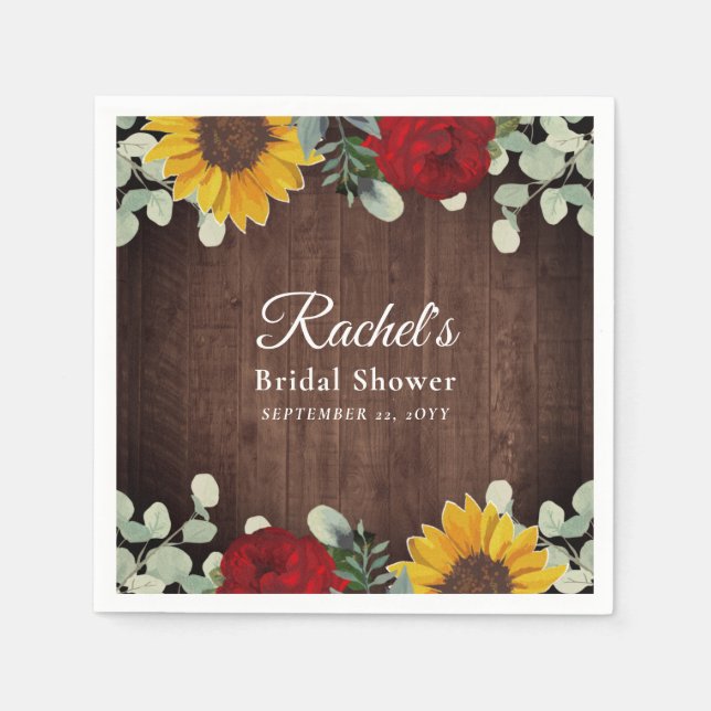 Sunflower Eucalyptus Red Roses Wood Bridal Shower Napkins (Front)