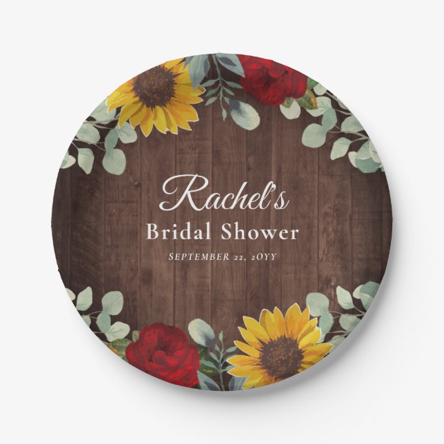 Sunflower Eucalyptus Red Roses Wood Bridal Shower Paper Plates (Front)