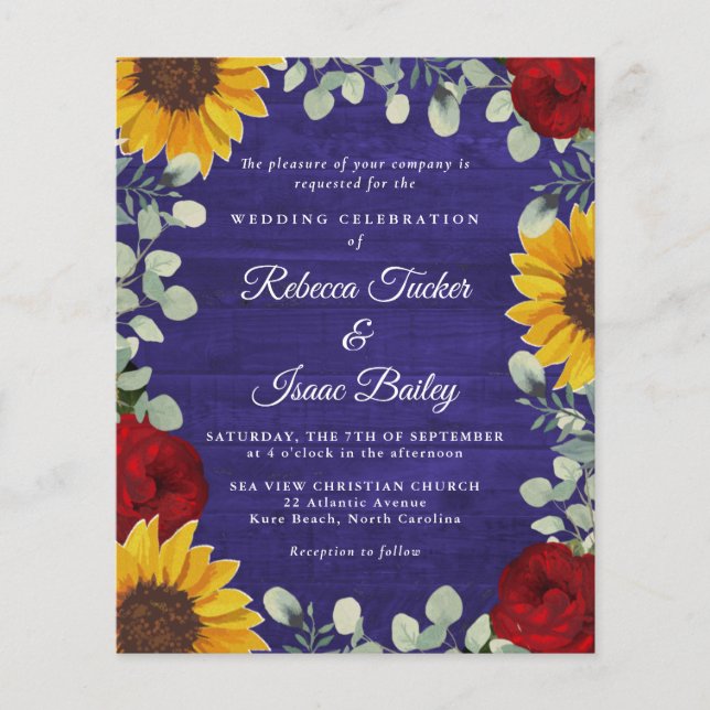 Sunflower Eucalyptus Rose Blue Wood Budget Wedding (Front)