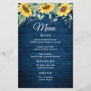 Sunflower Eucalyptus Rustic Blue Wood Wedding Menu