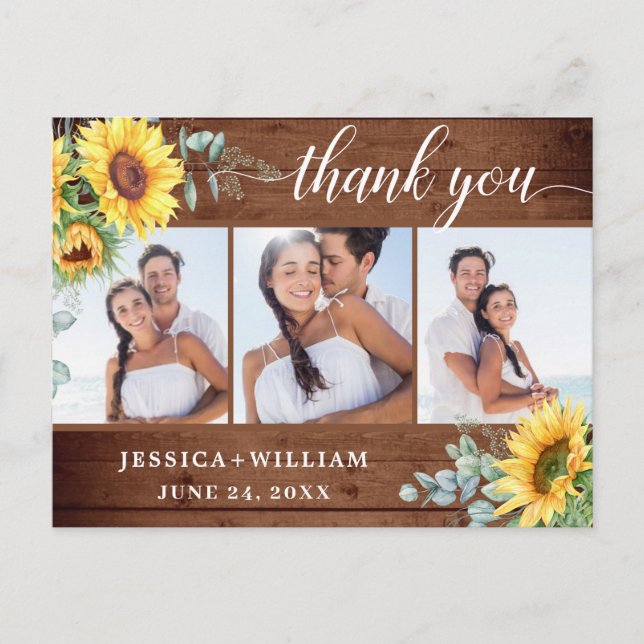 Sunflower Eucalyptus Rustic Thank You 3 PHOTO Postcard (Front)