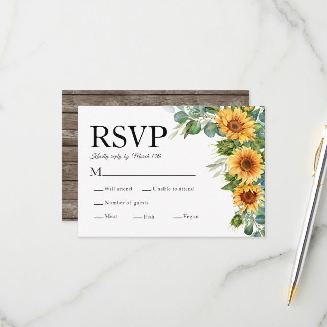Sunflower Eucalyptus Rustic Wood QR Code RSVP Card (Front/Back In Situ)