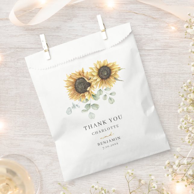 Sunflower Eucalyptus Script Floral Wedding Favor Bag (Clipped)