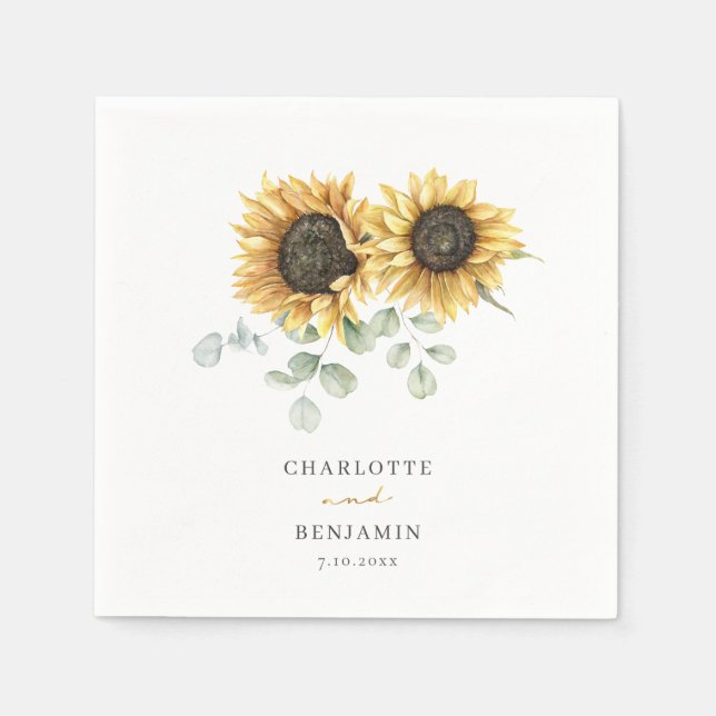 Sunflower Eucalyptus Script Floral Wedding Paper Napkins (Front)
