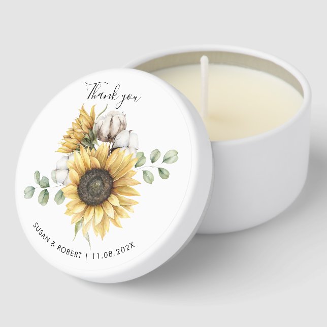 Sunflower Eucalyptus Script Greenery Wedding Mini Candle Favors (Corner)