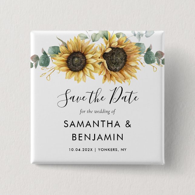 Sunflower Eucalyptus Script Wedding Save the Date Button (Front)