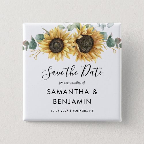 Sunflower Eucalyptus Script Wedding Save the Date Button