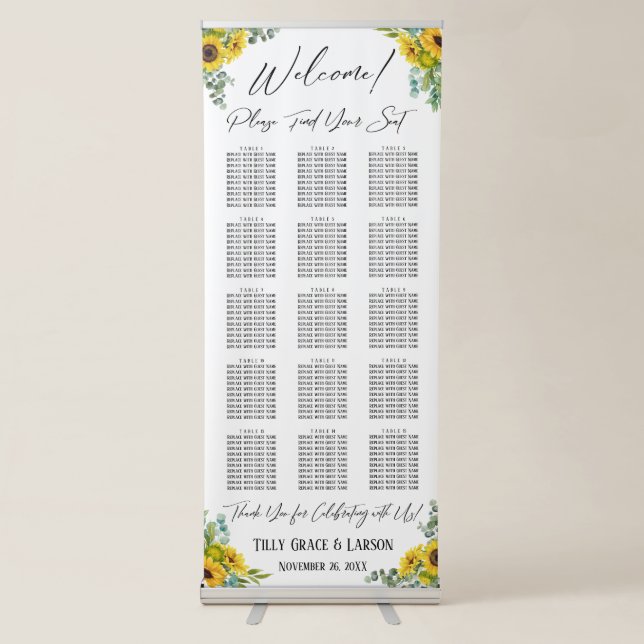 Sunflower Eucalyptus Seating Chart 150 Names Retractable Banner (Front)