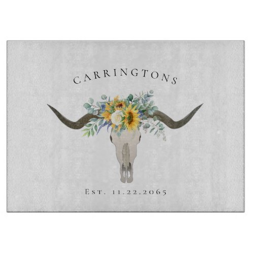 Sunflower Eucalyptus Steer Name Wedding Gift Cutting Board