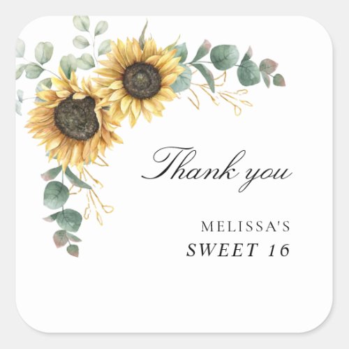 Sunflower Eucalyptus Sweet 16 Party Thank You Square Sticker