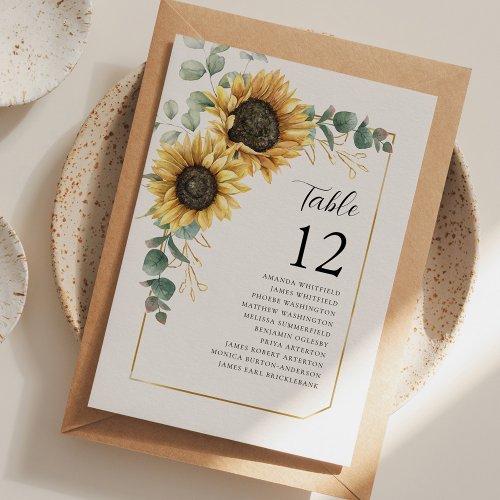 Sunflower Eucalyptus Table Number Wedding Seating