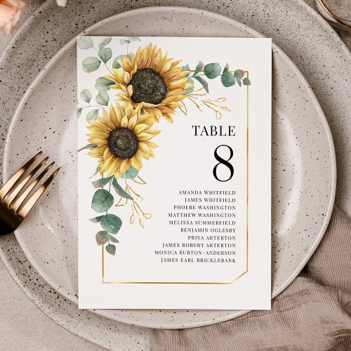 Sunflower Eucalyptus Table Number Wedding Seating