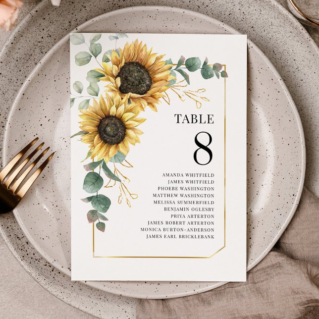 Sunflower Eucalyptus Table Number Wedding Seating (Sunflower Eucalyptus Floral Table Number Seating Chart Card)