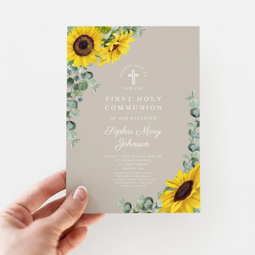 Sunflower Eucalyptus Taupe Cross First Communion Invitation