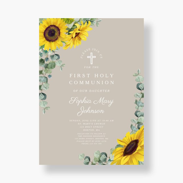 Sunflower Eucalyptus Taupe Cross First Communion Invitation (Sunflower Eucalyptus Taupe Cross First Communion Invitation)